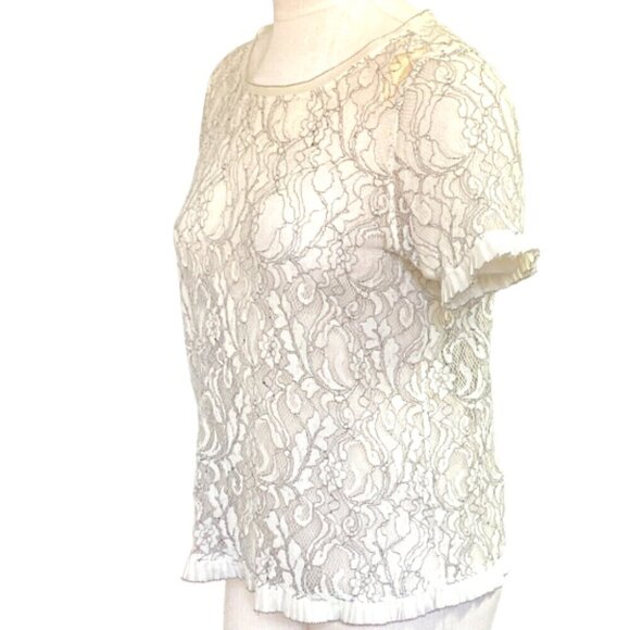 Ann Taylor LOFT Floral Lace Pleat-Ribbon Ruffle Accent Top M 151L - Picture 3 of 7